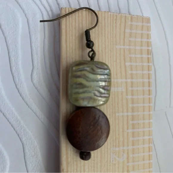 Earthy Drop Earrings Nature Inspired green Glass and Wood Beads Antiqued Style - Picture 6 of 10